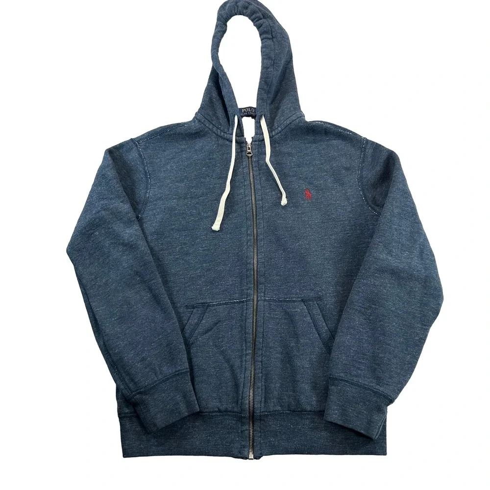 Polo Ralph Lauren Hoodie Mens M Blue Full Zip Red Pony Logo Waffle Lined Hood